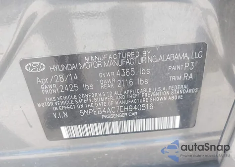 2014 Hyundai Sonata Gls z USA, uszkodzony, nr VIN 5NPEB4AC7EH940516